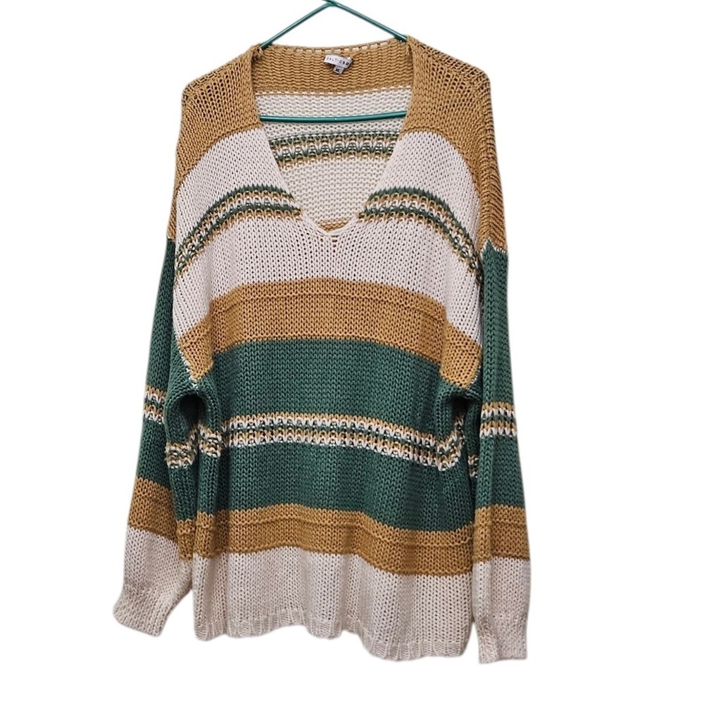 Baltic Born Oversized Knit Sweater Striped V Neck Green Tan Boho Comfort Size XL